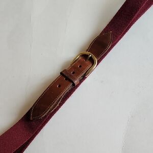 Vintage Genuine Brown Leather Belt With Burgundy Canvas